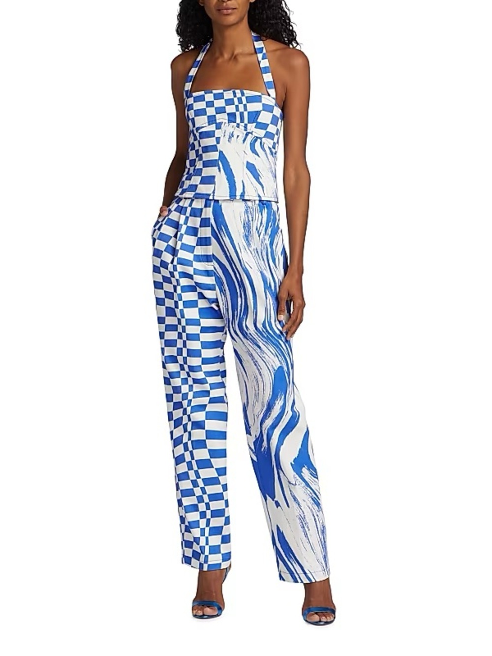 Christopher John Rogers Blue and White Wave & Check Denim Halter Top Size 8 NWT - Picture 3 of 8
